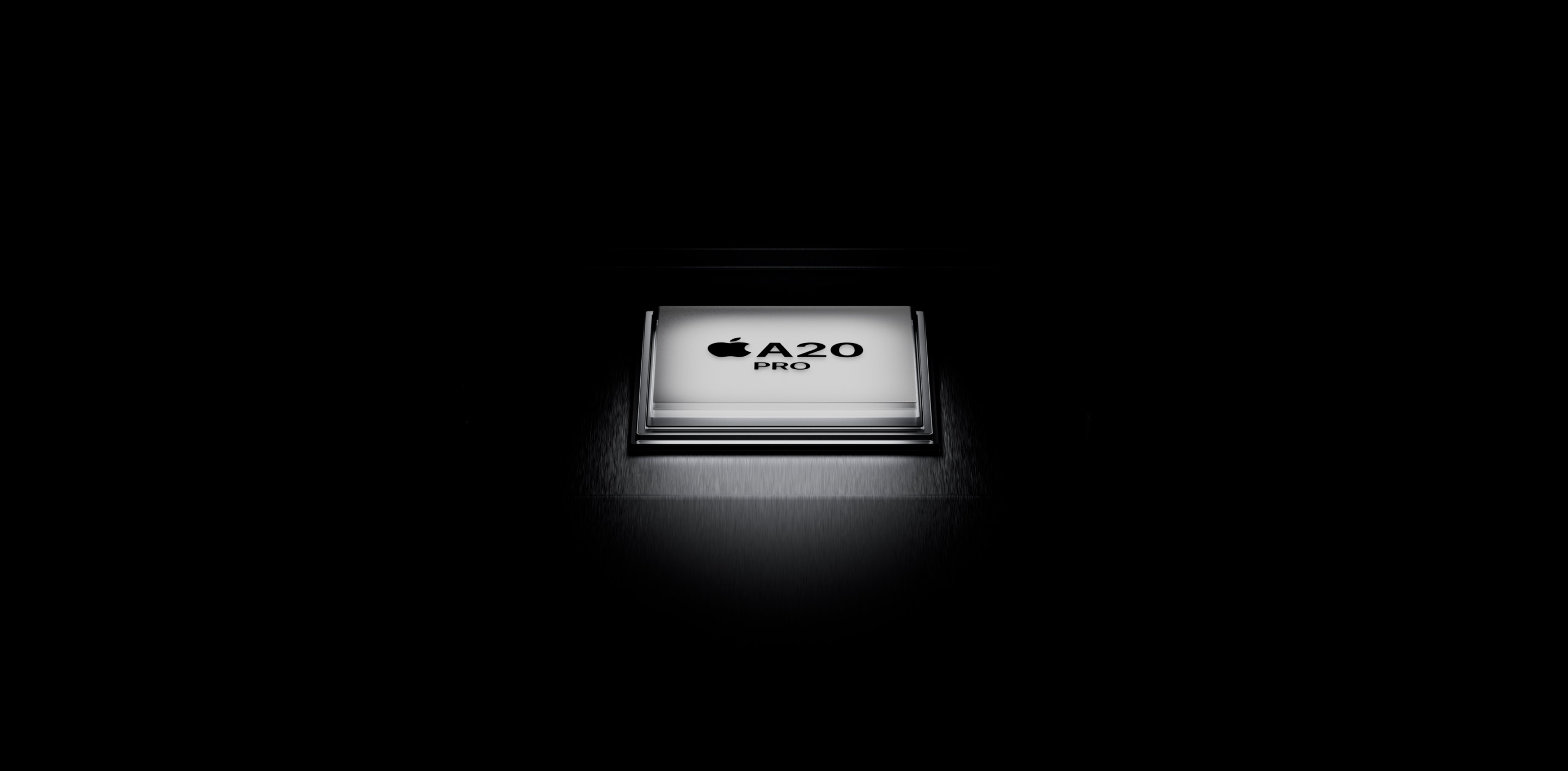 Chip A20 Pro em composição prateada sobre fundo preto