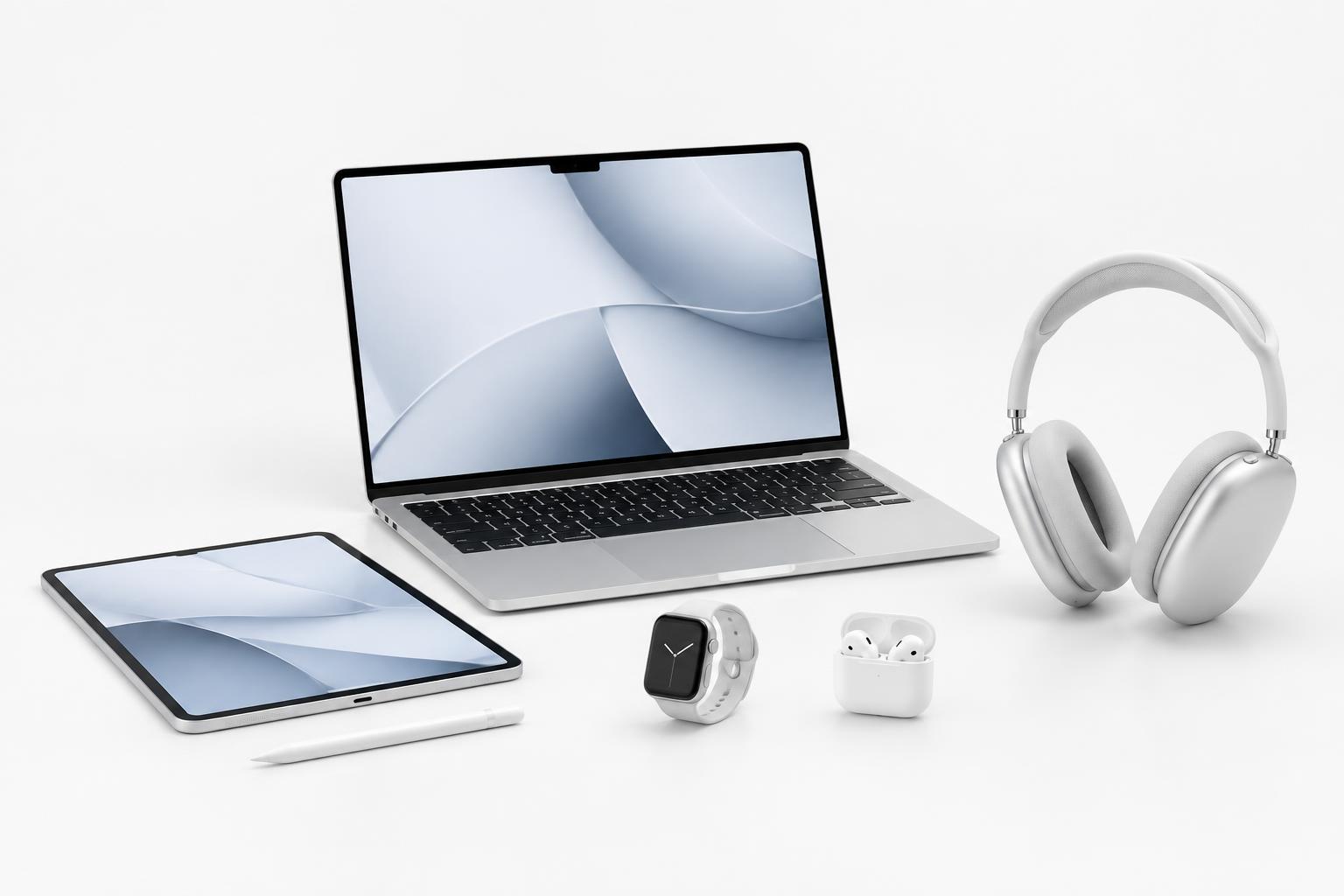 Composição editorial com notebook, tablet, relógio e fones sem fio
